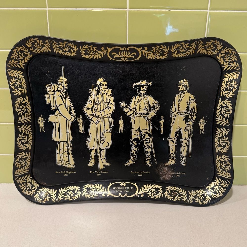 Vintage Black Toleware Serving Tray Featuring Civil War Uniforms